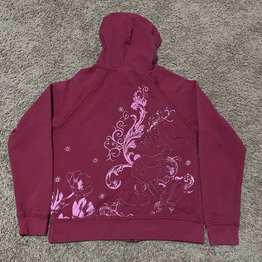Minnie Mouse Jacket Women Medium Heather Pink Walt Disney Hooded Embroidered